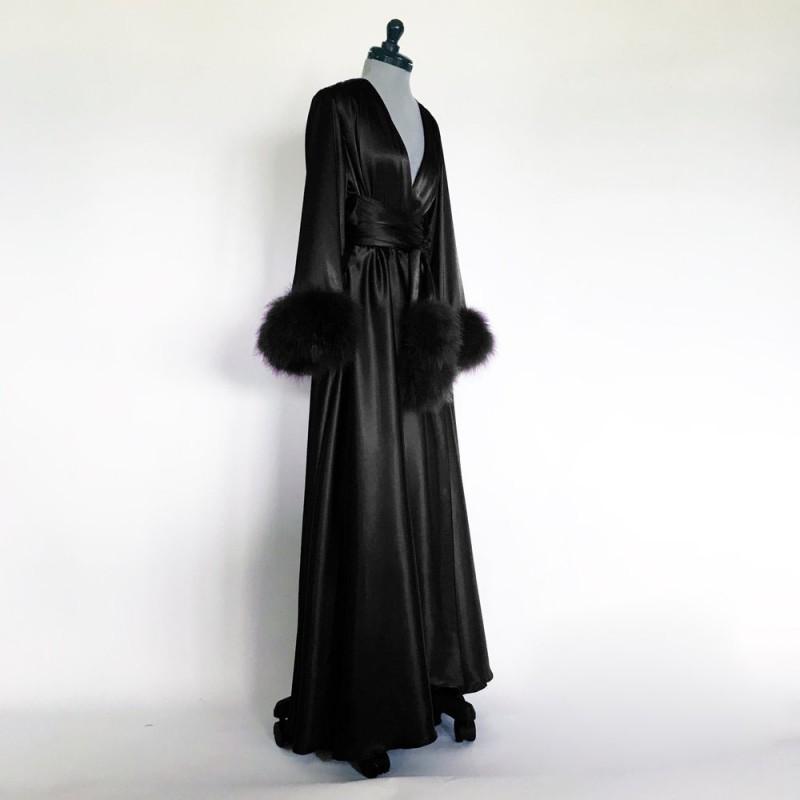 Black Women Bathrobe Nightgown Silk Satin Sleepwear Bridal Robe Bridesmaid Bride Gowns Fur Winter Kimono Pregnant Dress