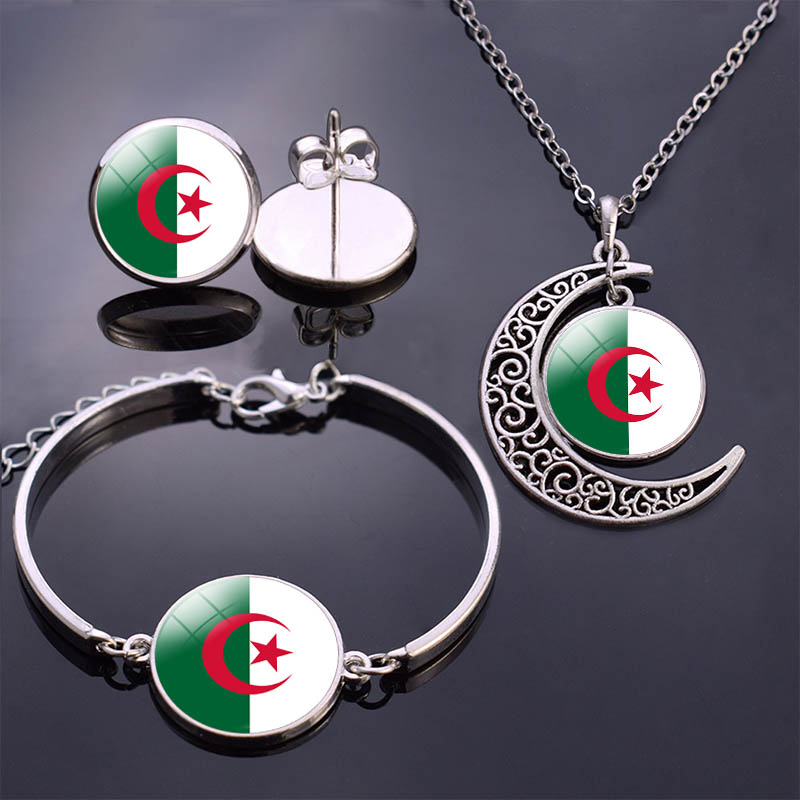 Algeria Flag Jewelry Set Algeria Flag Glass Cabochon Stud Earrings/ Bracelet/ Necklace Set, As pic