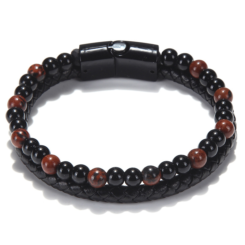 Fashion Men Jewelry Natural Stone Genuine Leather Bracelet Black Stainless Steel Magnetic Clasp Tiger eye Bead Bracelet Men