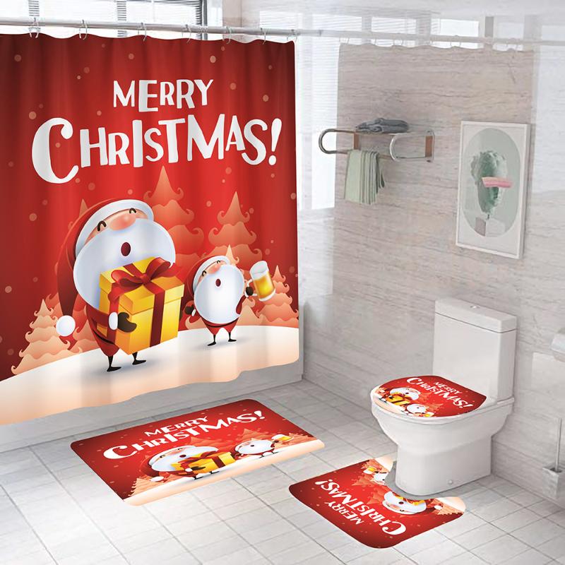 Santa Claus Sends Gifts Bathroom Shower Curtain and Rug Sets Merry Christmas Bath Curtains Set Anti-slip Mat Toilet Lid Cover