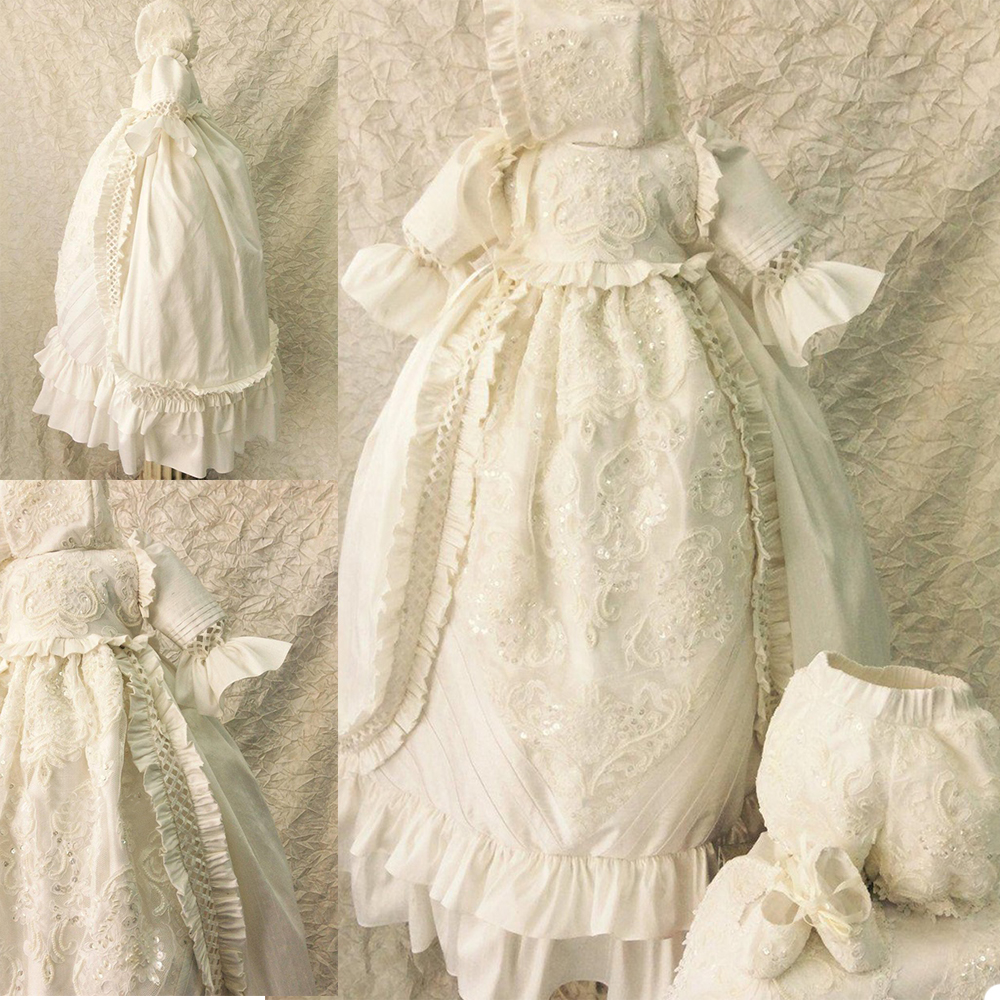 2021 Luxury Sequins Christening Gowns For Cute Baby Girl Lace Flowers Appliqued Pearls Baptism Dresses With Bonnet First Communication Dress