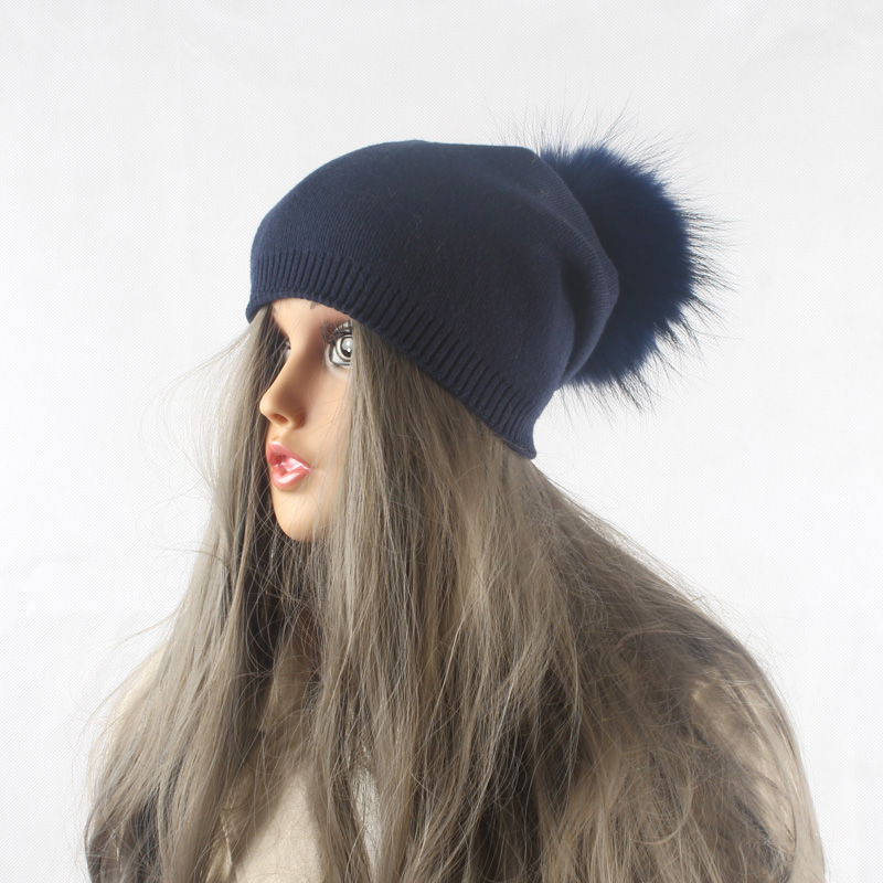 FURANDOWN Winter Autumn Pom Pom Beanies Hat Women Knitted Wool Skullies Casual Cap Real Raccoon Fur Pompom Hats