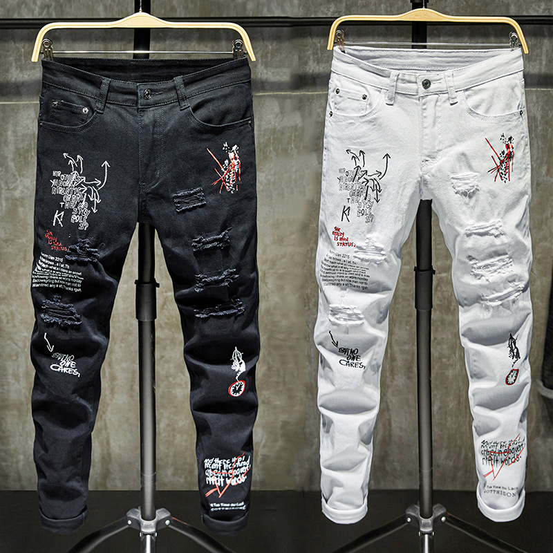High Street Fashion Brand Thin Ripped Jeans Men Scraped Hole White Printed Black Slim Fit Personality Graffiti Long Denim Pants, White 1930
High Street Fashion Brand Thin Ripped Jeans Men Scraped Hole White Printed Black Slim Fit Personality Graffiti Long Denim Pants, White 1930