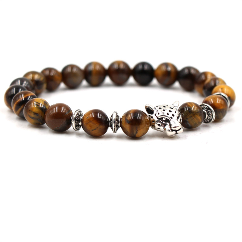 Silver Color Leopard Head Men Bracelet Natural Healing Energy Tiger Eye Stone Beads Bracelets Women Jewelry Friendship Pulseras