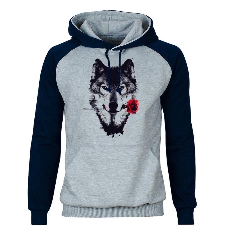 Wolf Rose Hoodies Men Animal Raglan Hooded Sweatshirts Hoodie Sweatshirt 2020 Winter Autumn Fleece Warm Cool Sportswear Mens, Navy blue gray 6