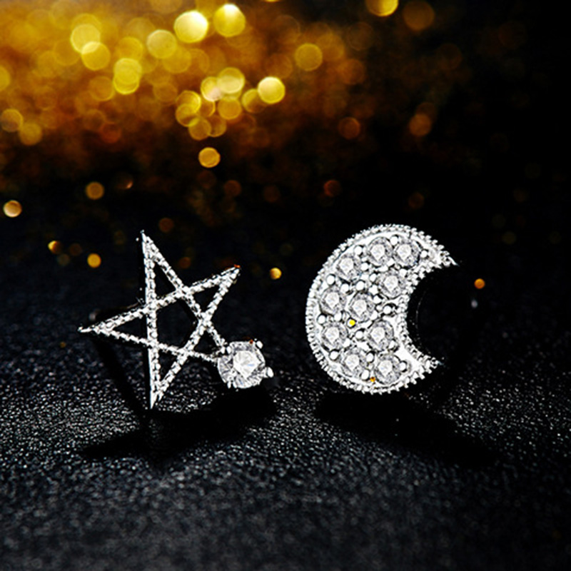 925 sterling silver asymmetric star moon crescent stud earrings Inlaid with zircon/crystal shiny earrings white gold plated
925 sterling silver asymmetric star moon crescent stud earrings Inlaid with zircon/crystal shiny earrings white gold plated