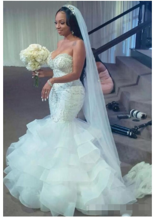 Sexy Mermaid Wedding Dresses With Beads Sequins Layered Skirt Plus Size Wedding Dresses Count Train Shinning Zipper Back Bridal Gowns