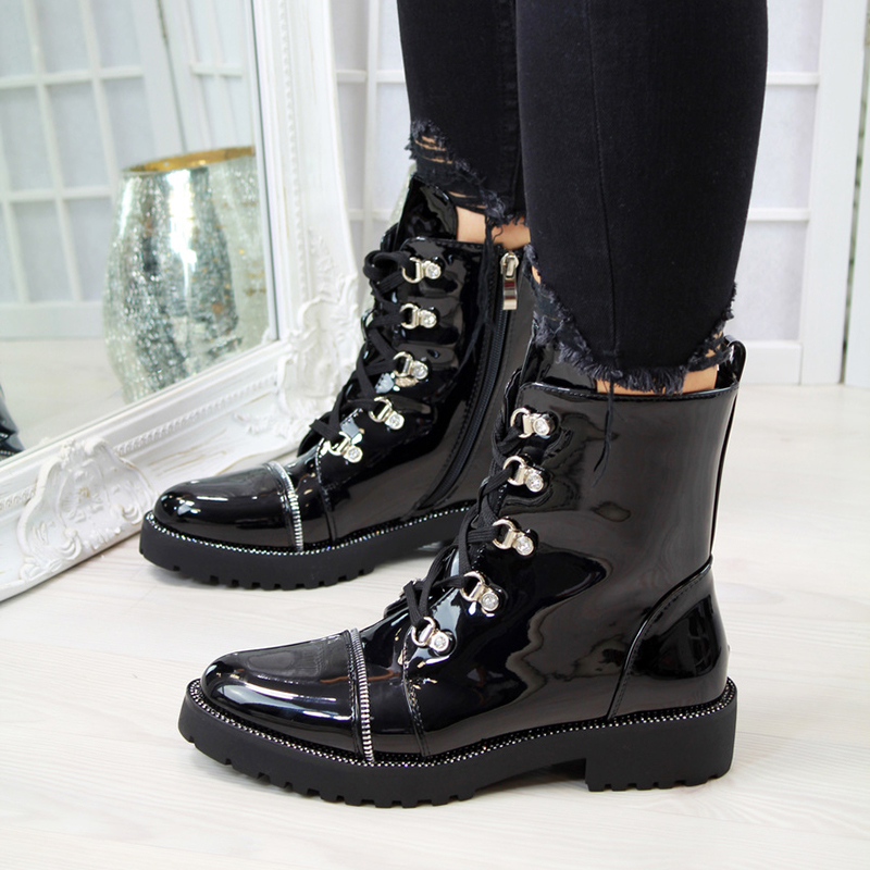 Women Motorcycle Boots Autumn Fashion Patent PU Round Toe Lace-up Combat Shoes women shoes Ladies Snow Office Boots dropshipping 200916