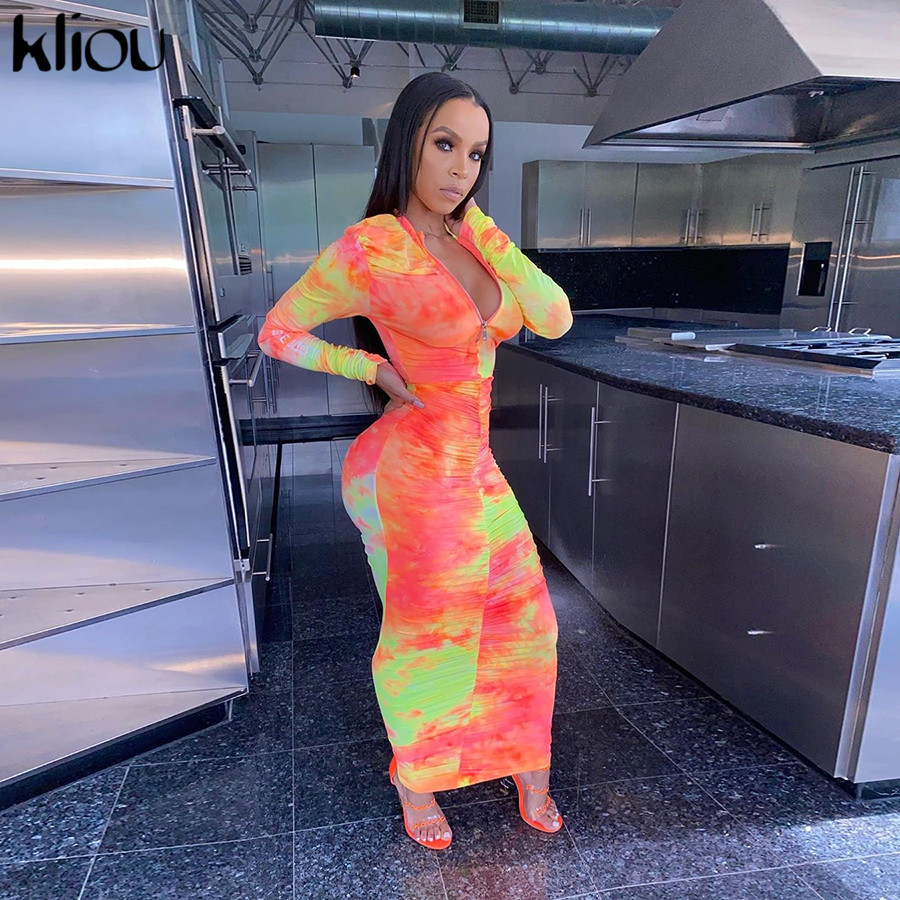 Kliou women tie dye print long sleeve bodycon dress ruched fitness skinny zipper colorful fashion vestido de mujer streetwear 200928