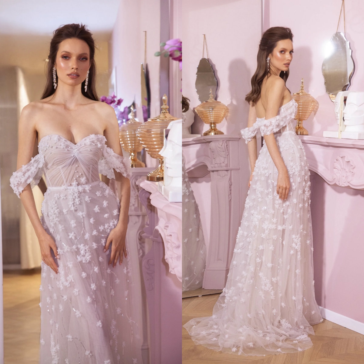 3D Floral Appliques Bohemian Wedding Dresses Off Shoulder Lace Bridal Gowns A Line Illusion Tulle Beach Wedding Dress