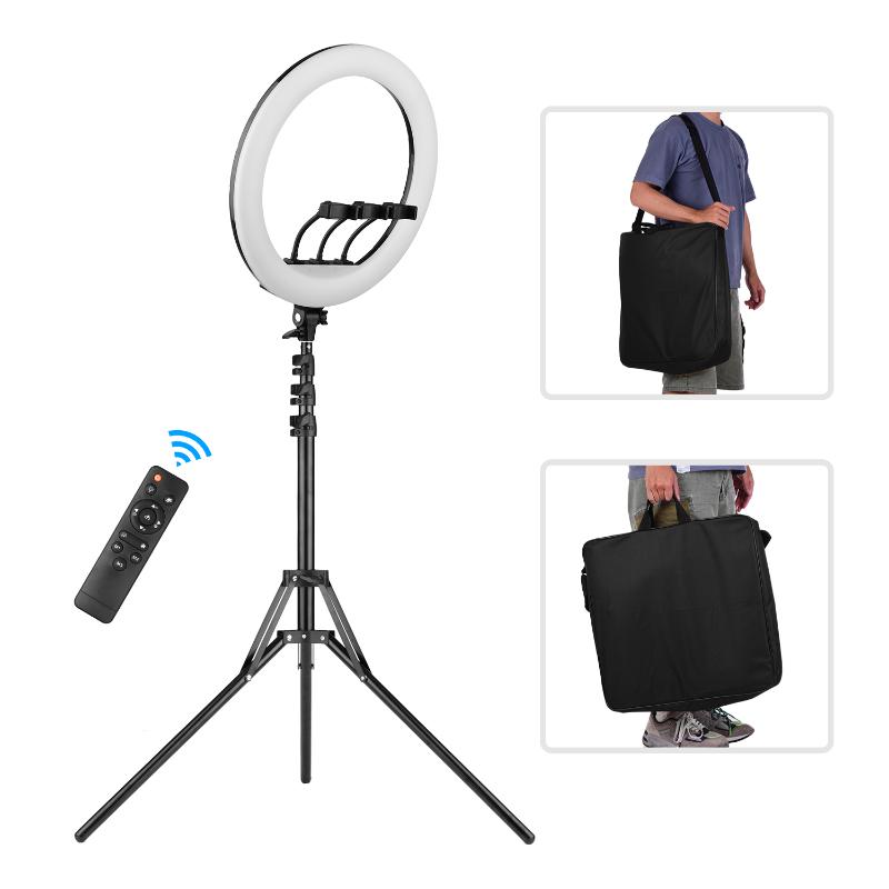 18 Inch LED Ring Light Photography Lamp Set Stepless Dimmable 2700K-6500K with Tripod Stand 3pcs Phone Holders Remote Control
18 Inch LED Ring Light Photography Lamp Set Stepless Dimmable 2700K-6500K with Tripod Stand 3pcs Phone Holders Remote Control