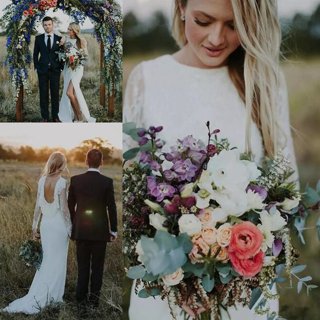 Rustic 2021 Ivory Lace Long Sleeve Mermaid Wedding Dresses Sexy Backless Side Split Country Beach Bridal Gowns Plus Size