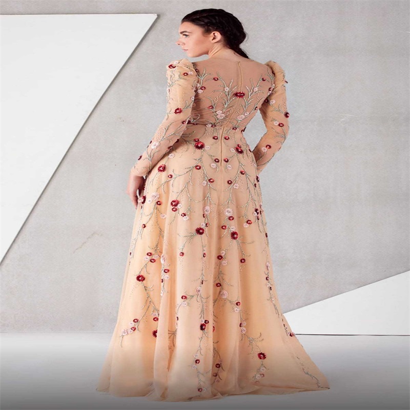 Champagne A-line Evening Dresses Long Sleeves Beads Lace Appliqued Elegant Formal Party Dress Sweep Train Custom Made Newest 2021 Prom Dress