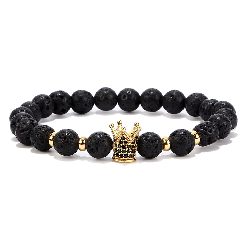 Fashion Gold Crown CZ Charm Men Volcanic rock Bracelets for Women Black lava Natural Stone Beads Strand Bracelet Dropshipping
