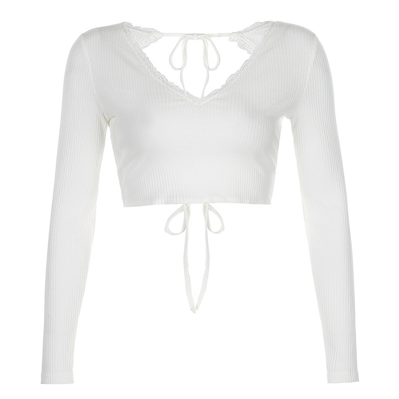 White TShirts Women V Neck Backless Long Sleeve Ruffles Bandage Knitted Crop Top Sexy Lace Edge Y2K Aesthetics Tee Female Cloth