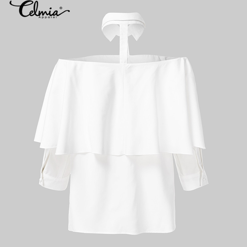 Womens Blouses Shirts Women Cold Shoulder Blouse Celmia Sexy Halter Shirt Summer Ruffles Solid Office Casual Tops Buttons Party Blus AAA