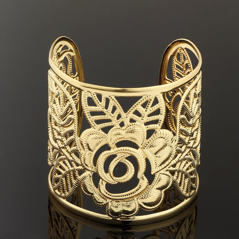 Bangle Hollow Wide Cuff Rose Flower Bracelet Bangles For Women Alloy Open Big Female Fashion Jewelry Accesorios Mujer1