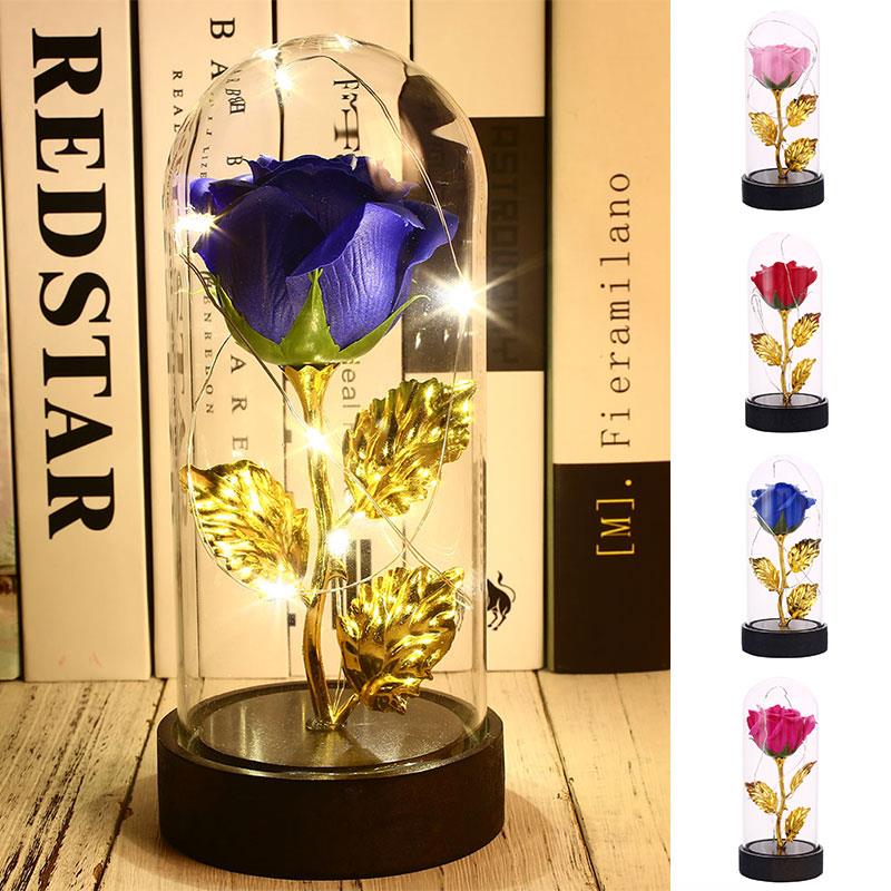 Soap Rose Flower Glass Cover LED Light Valentine'S Day Celebration Anniversary Eternal Rose Flower Imitation Gold Foil