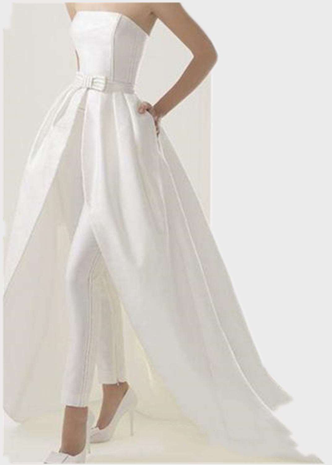 Elegant Strapless Jumpsuit Wedding Dresses Bridal Gowns With Detachable Overskirt Pocket Bow A Line 2021 Simple Sexy Beach Boho Bride Formal Dress