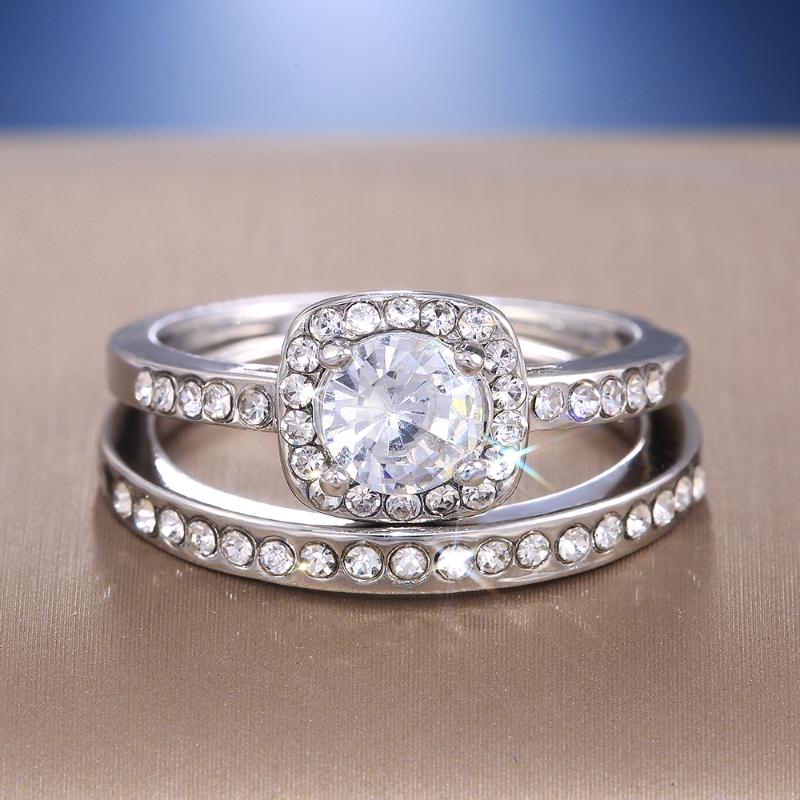 2PC Bridal Rings for Women Round Brilliant Cubic Zircon Prong Setting Anniversary Engagement Wedding Rings Female Jewelry Gifts