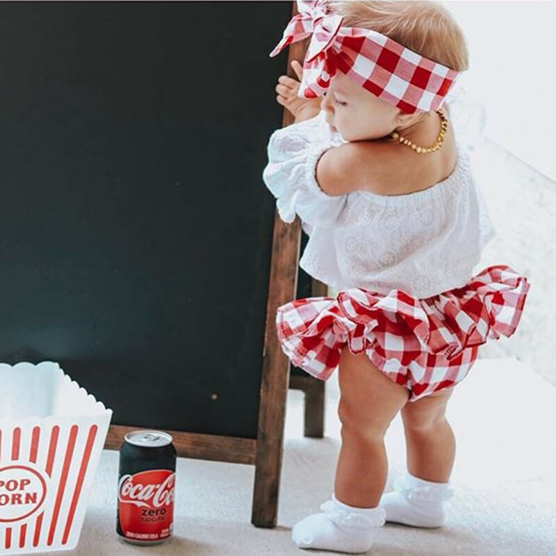 Baby Girl Sweet Clothes Infant Plaid Cute Newborn Baby Girl 3pcs Off Shoulder Tops+ Short Dress+headband Outfits 0-24 Months