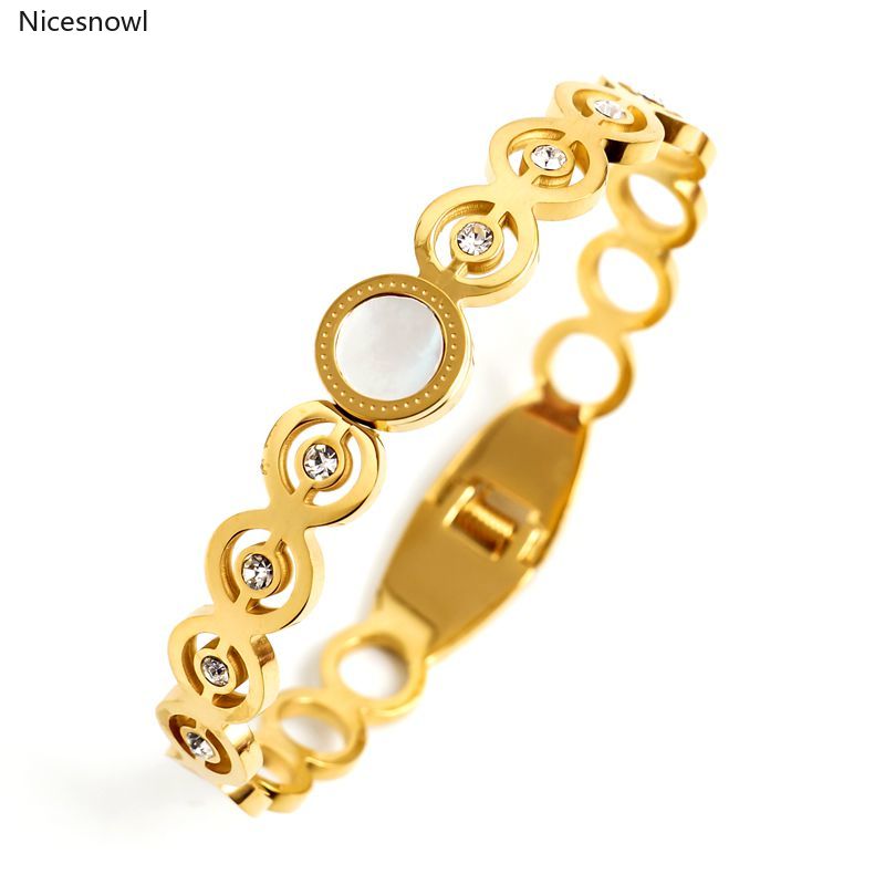 Luxury + Cubic Zircon Crystal Open Cuff Bracelets Jewelry Round White Shell Disc Rose Gold Stainless Steel Bracelet & Bangle
Luxury + Cubic Zircon Crystal Open Cuff Bracelets Jewelry Round White Shell Disc Rose Gold Stainless Steel Bracelet & Bangle