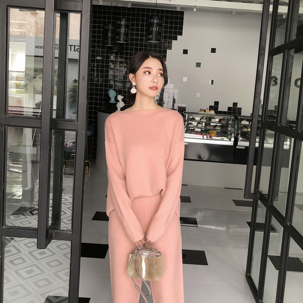 Women Autumn Winter Knitted Sweater 2 Two Piece Set Casual Tracksuit Round Collar Jumpers with High Waist Wide Leg Pants T200916