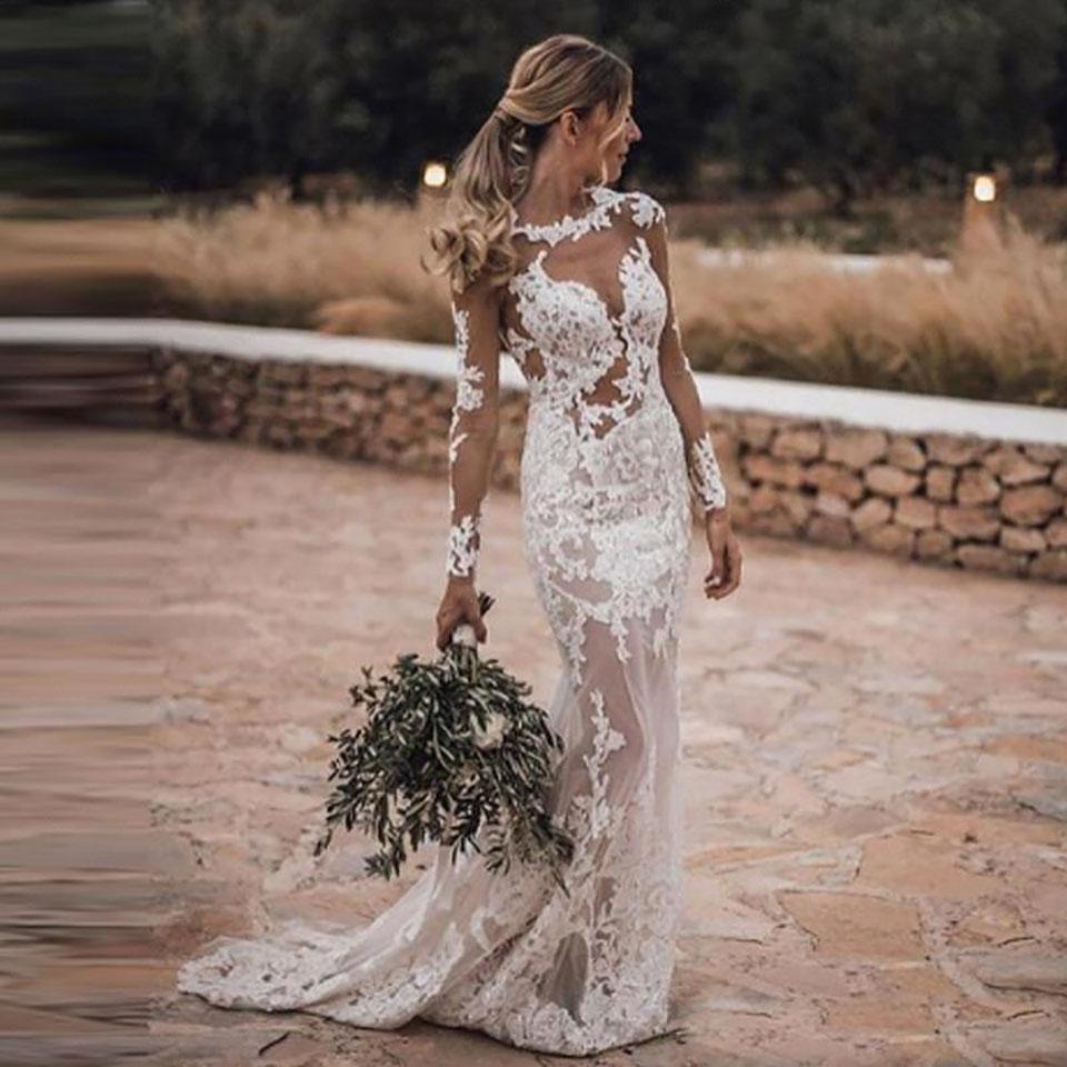 2021 Sexy Backless Lace Mermaid Wedding Dresses See Through Boemian Bridal Gowns Illusion Long Sleeve Bride Dress Robe de mariage Summer Boho Beach