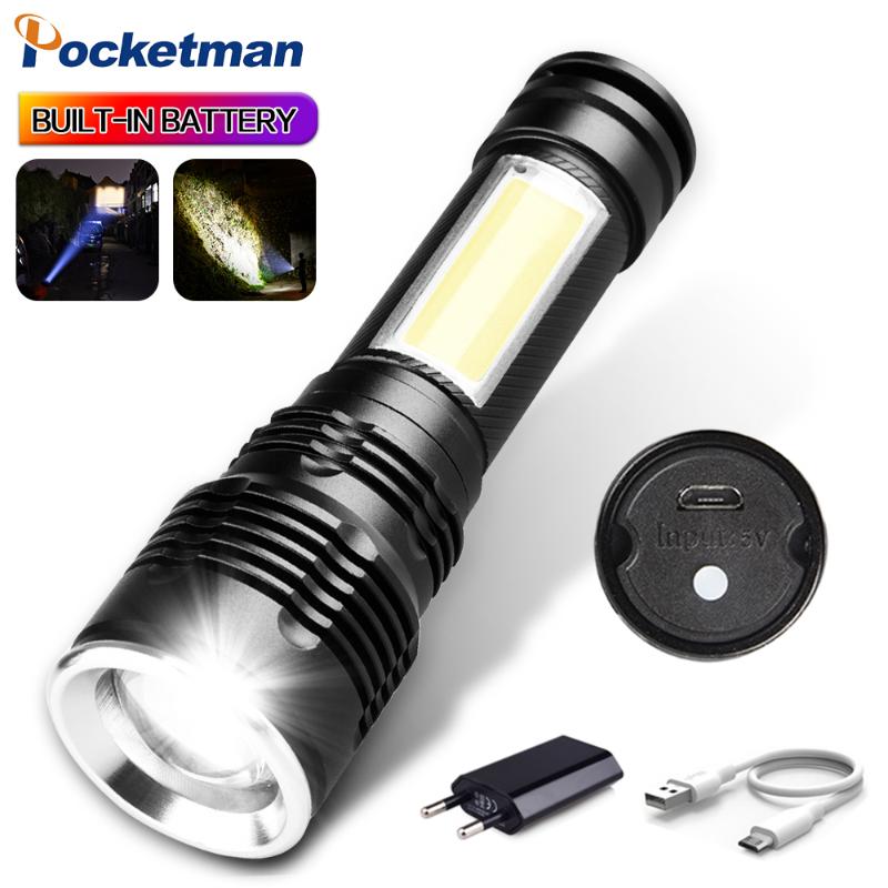 

Flashlights Torches Super Powerful COB+ LED With Hand Strap USB Rechargeable Torch Use Built-in 18650 Battery Tactical Zoom Light Camping