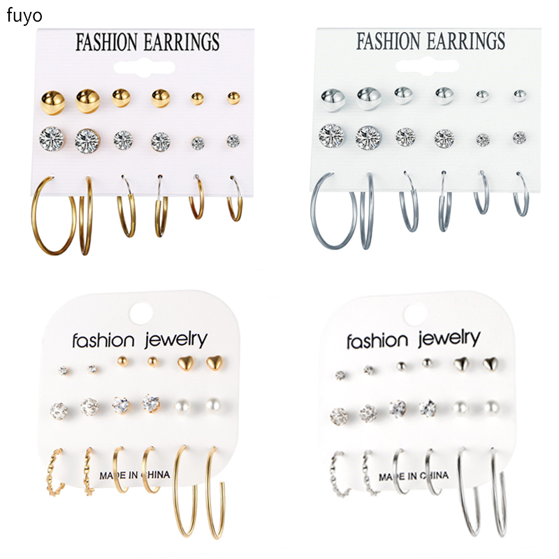 Mixed Styles Rhinestone Heart Flower Geometric Stud Earrings Set For Women Femme Earring Set Geometric earing Jewelry Brincos
