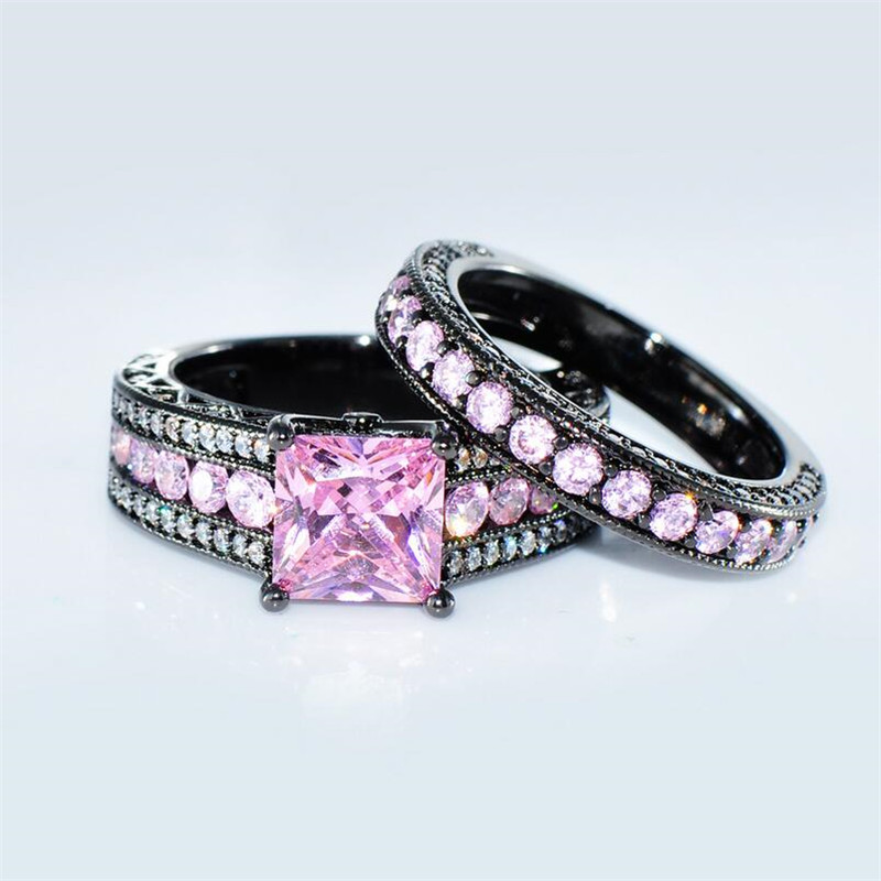 Choucong Brand New Luxury Jewelry 10KT Black Gold Fill Princess Cut Pink Topaz CZ Diamond Eternity Couple Ring Women Wedding Bridal Ring Set