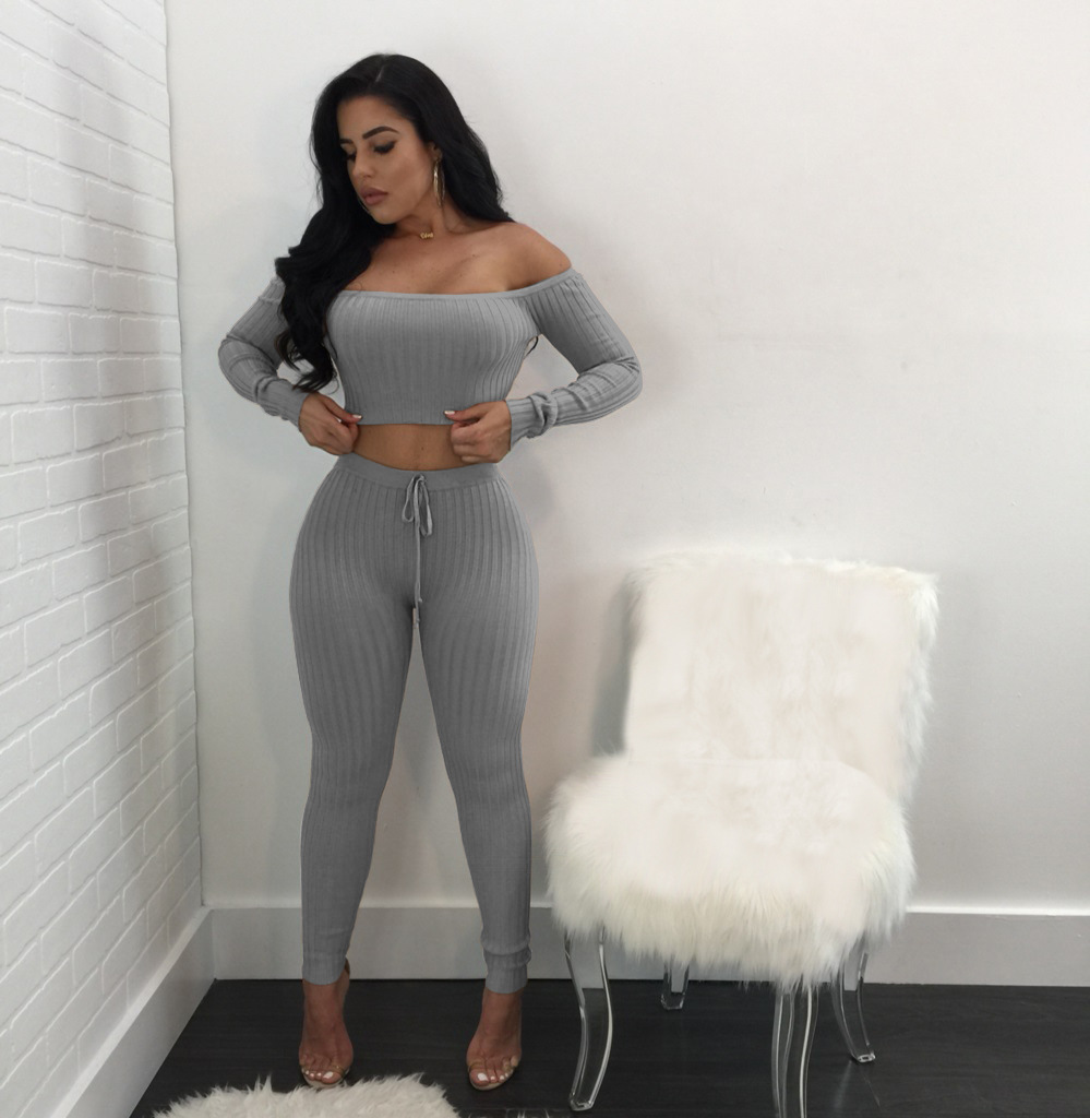 Women long sleeve crop top full pants 2 piece set for female women off shoulder two pieces sets women two piece set S M L XL XXL 200923