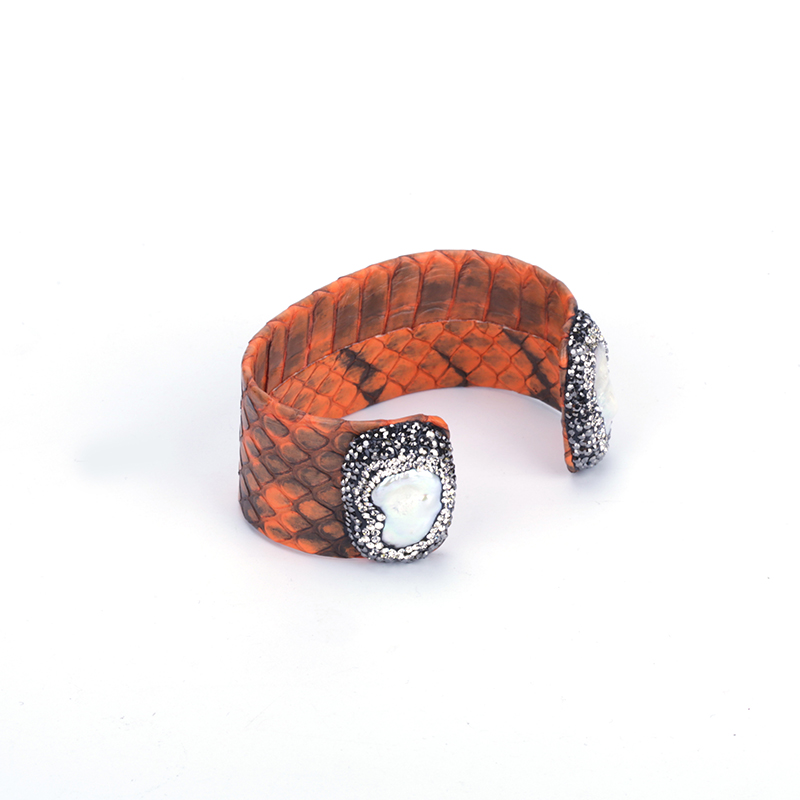 Natural Double Irregular Freshwater Pearl End Bead Charm Pave Rhinestone Orange Dark Red Real Leather Big Wide Open Bangle Cuff1
