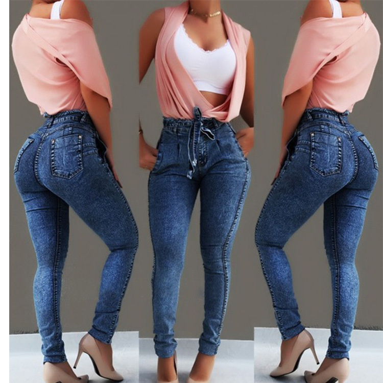 Fashion-Factory direct sales wish Amazon hot sale womens jeans elastic fit fringe belt high waist jeans women