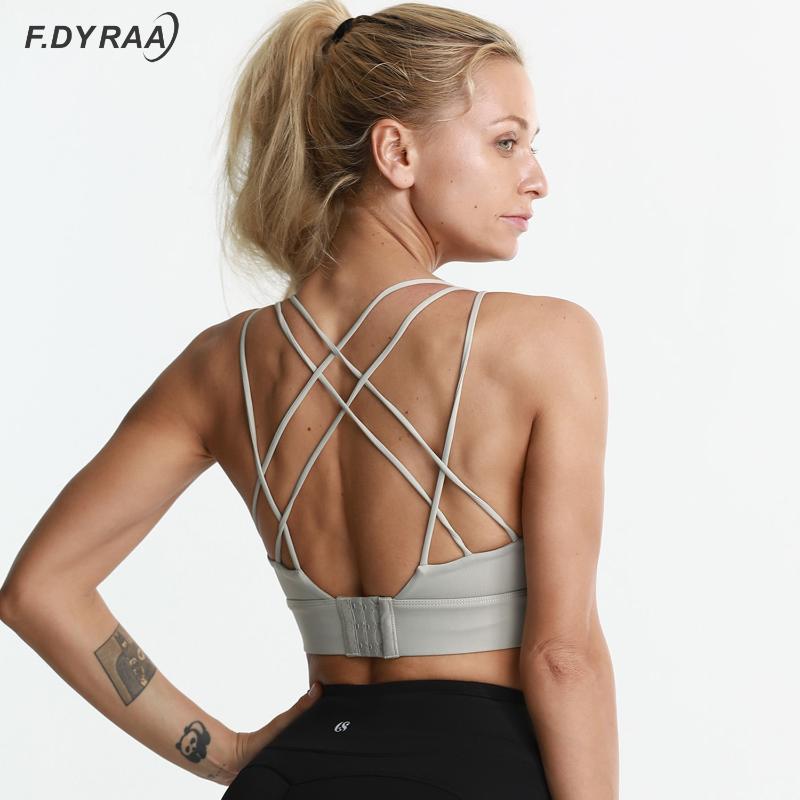 

F.DYRAA Shockproof Cross Straps Bra Running Gym Sports Bra Top Women Widen Hem Push Up Workout Fitness Yoga Crop Tops Brassiere, Black