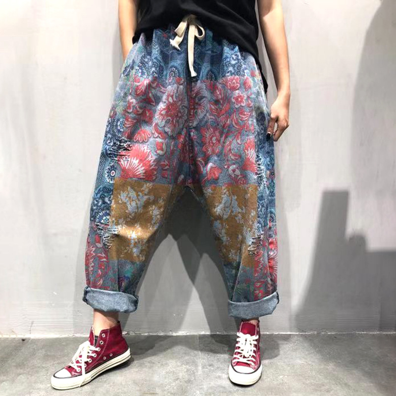 Women Spring Elastic Waist Printed Holes Patchwork Denim Pants Jeans Vintage Ladies Retro Print Loose Ripped Holes Trousers, Blue
Women Spring Elastic Waist Printed Holes Patchwork Denim Pants Jeans Vintage Ladies Retro Print Loose Ripped Holes Trousers, Blue