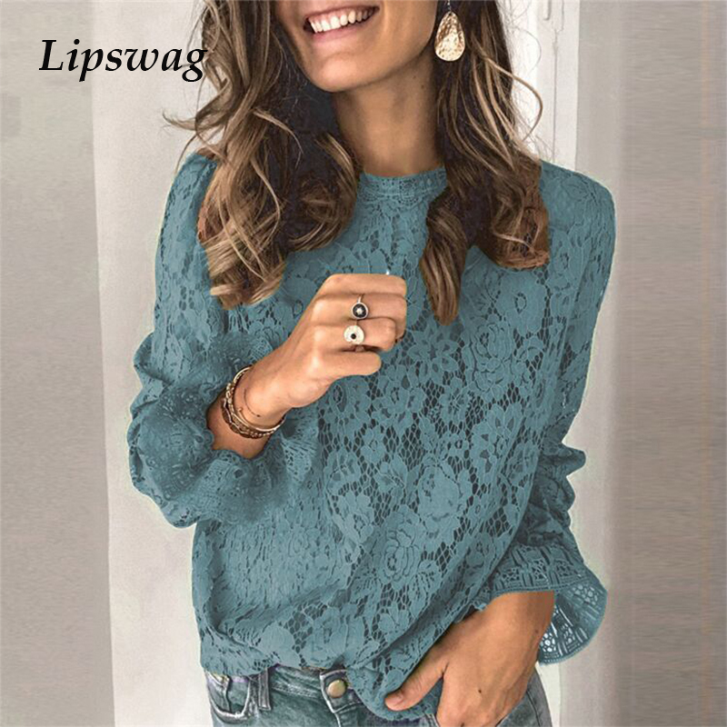 Spring Summer O-Neck Floral Lace Shirt Female Elegant Flare Long Sleeve Blouse Shirts Sexy Women Hollow Out Mesh Blusa Tops XXXL 200924