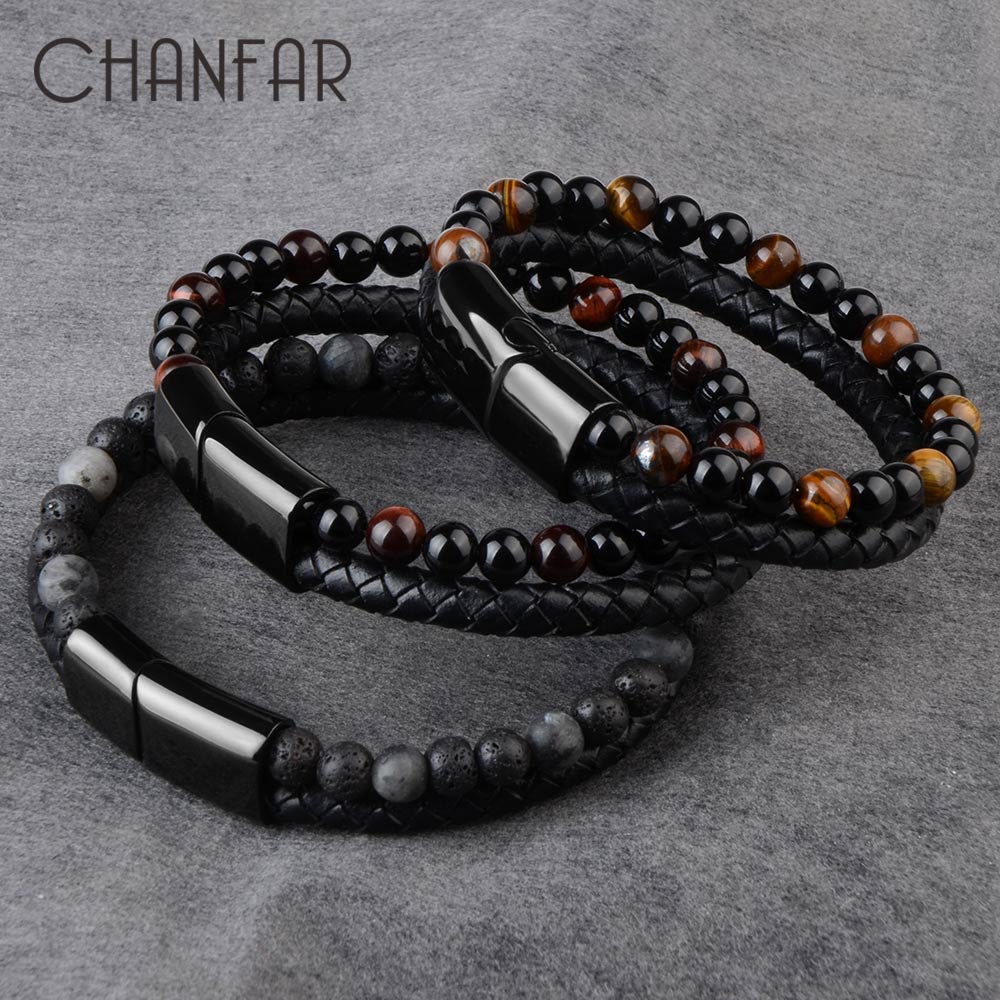 Fashion Men Jewelry Natural Stone Genuine Leather Bracelet Black Stainless Steel Magnetic Clasp Tiger eye Bead Bracelet Men