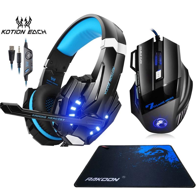 

Kotion EACH G9000 Gaming Headset Stereo Deep Bass Headphones with Mic LED Light+Optical 5500DPI Gaming Mouse+Mouse pad for Gamer