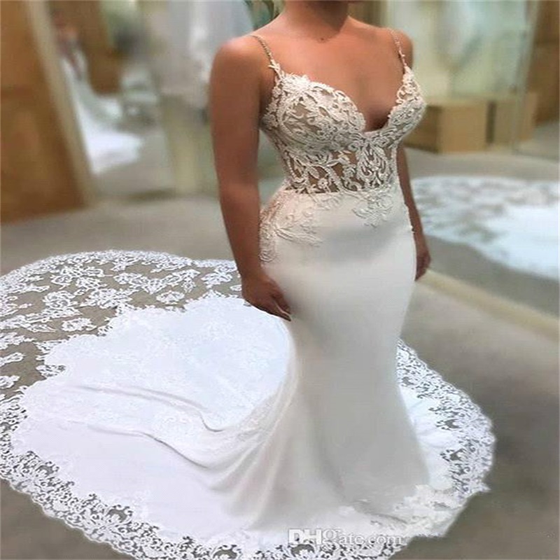 Elegant Spaghetti Straps Lace Mermaid Wedding Dresses Illusion Satin Tulle Applique Court Train Wedding Bridal Gowns Vestidos De Novia
