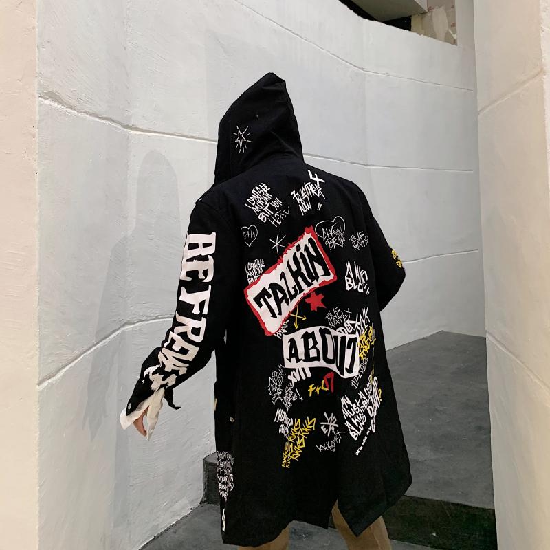 Letter Print Jacket and Graffiti Trench Coat for Mens Hip Hop Fall Clothing Harajuku Fashion Long Overcoat with Hood Windbreaker