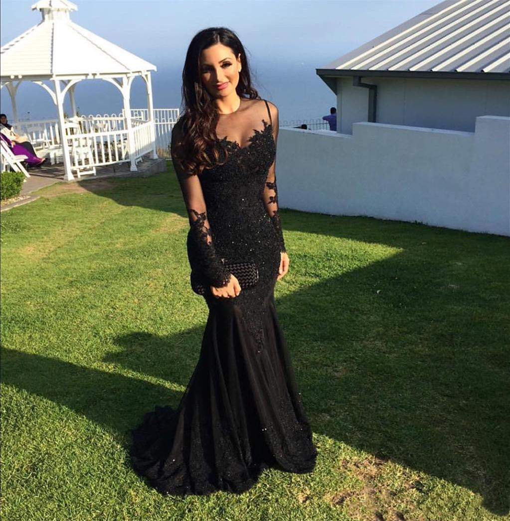 Sexy Arabic Dubai Women Black Mermaid Evening Dresses Illusion Long Sleeve Appliques Lace Beads Formal Event Wear Prom Party Dress Plus Size