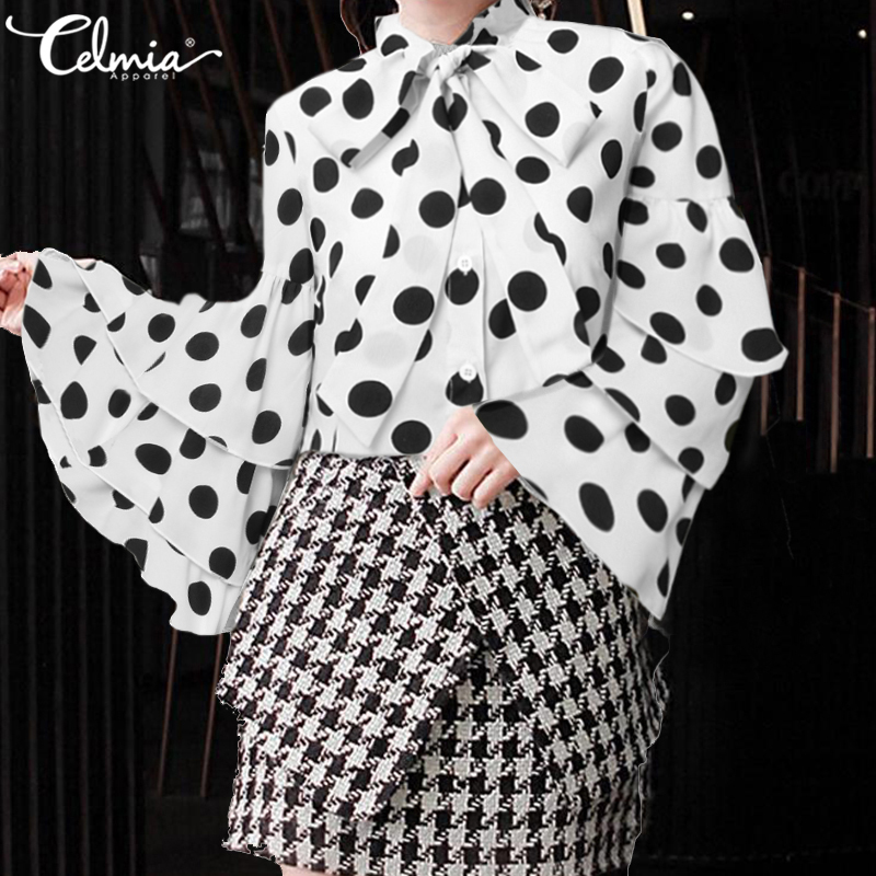 5XL Celmia Fashion White Blouses Women See Through Sexy Sheer Shirts Long Sleeve Ruffled Top Casual Loose Bow Plus Size Blusas 200925