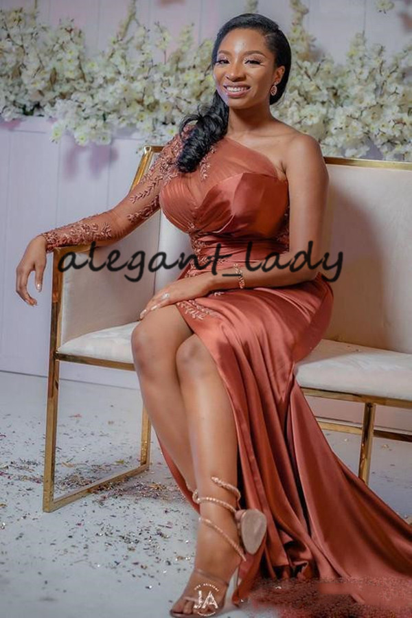 Rust red one shoulder robes de evening dresses 2021 long sleeve nigerian african sexy slit plus size occasion prom gowns
