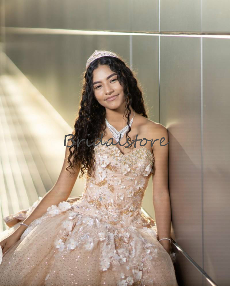 Custom Made Gold Quinceanera Dresses 2020 Sparkly Sequins Fluffy Ball Gown Prom Dresses With Flowers Beaded Sweet 16 Dress Corset Evening