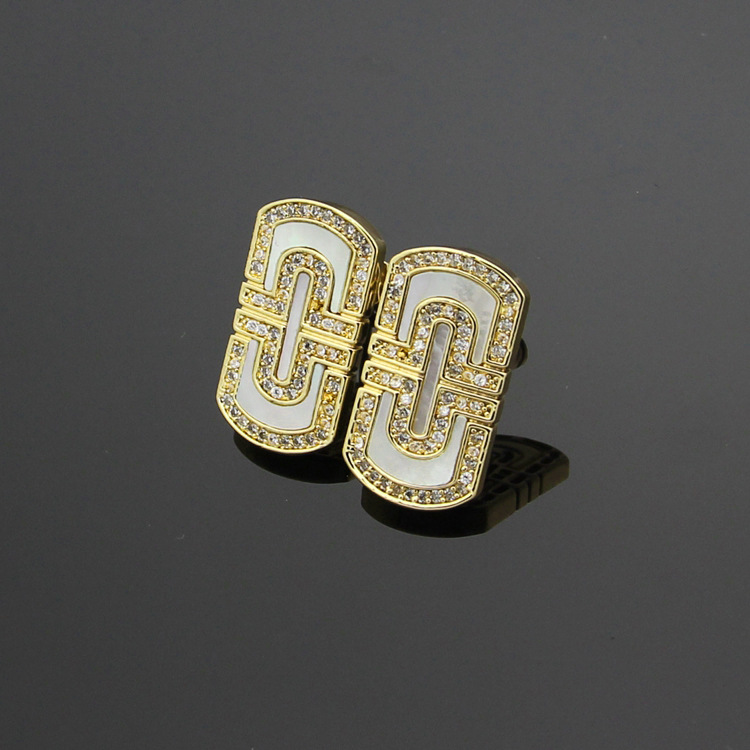 Europe America Fashion Style Lady Women Titanium Steel Engraved B Initials White Mother of Pearl Square Stud Earrings 3 Color