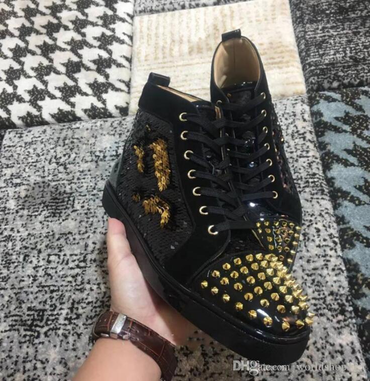 2019 New Luxury Black Gold Glitter Sequins Red Bottom Shoes Designer High Top Spikes Toe Genuine Leather Flats Party Wedding Men Sneakers
2019 New Luxury Black Gold Glitter Sequins Red Bottom Shoes Designer High Top Spikes Toe Genuine Leather Flats Party Wedding Men Sneakers