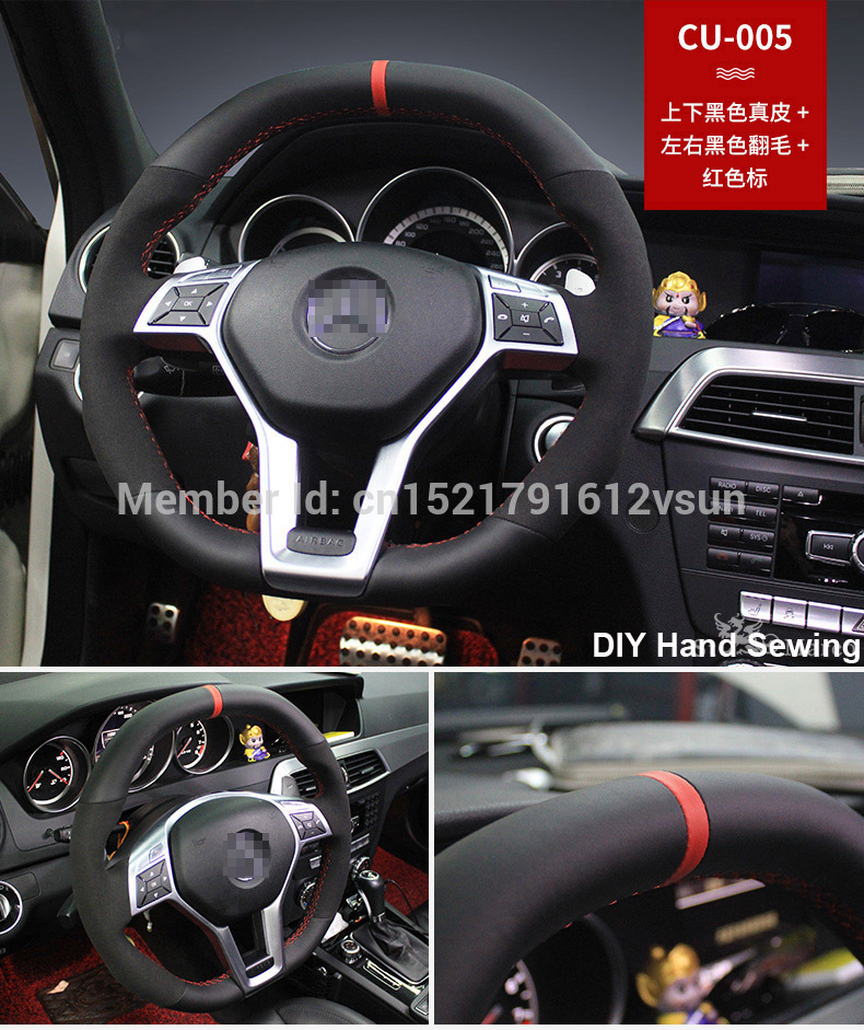 

For Benz C63 AMG High Quality Hand-stitched Anti-Slip Black Leather Black Suede Red Thread DIY Steering Wheel Cover