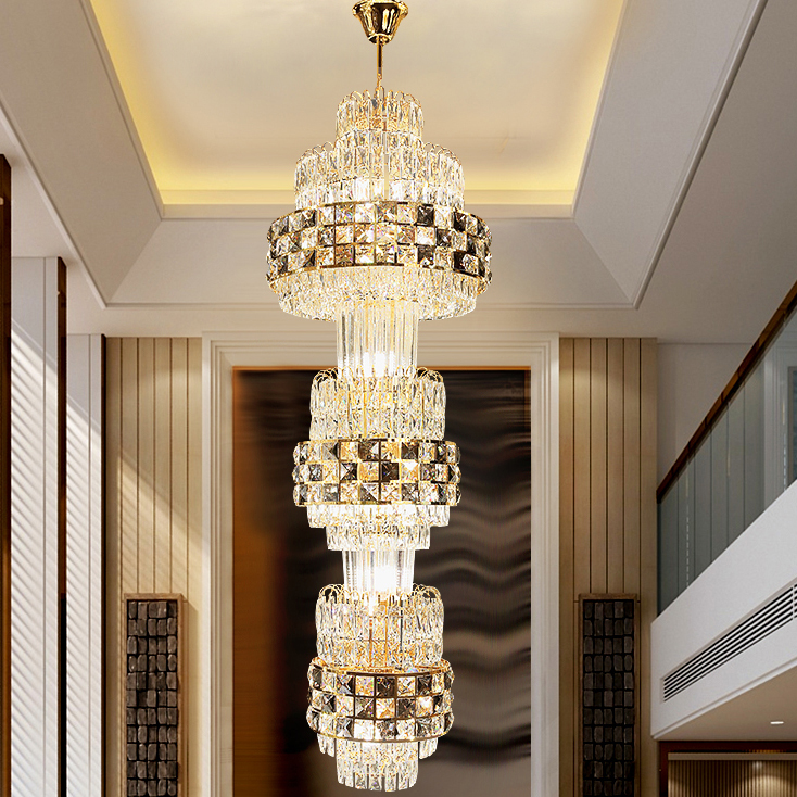 American Spiral Stairs Crystal Chandelier LED Light Shining Multi-circle European Long Crystal Chandeliers Lights Fixture Dia55cm H180cm