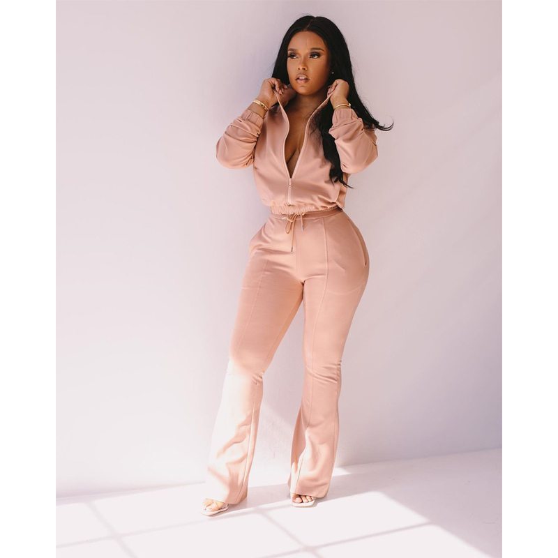 Women Sport Solid Women two piece set Tracksuits off shoulder Hoodies stacked flare jogger pants Suit Outfits Matching Set